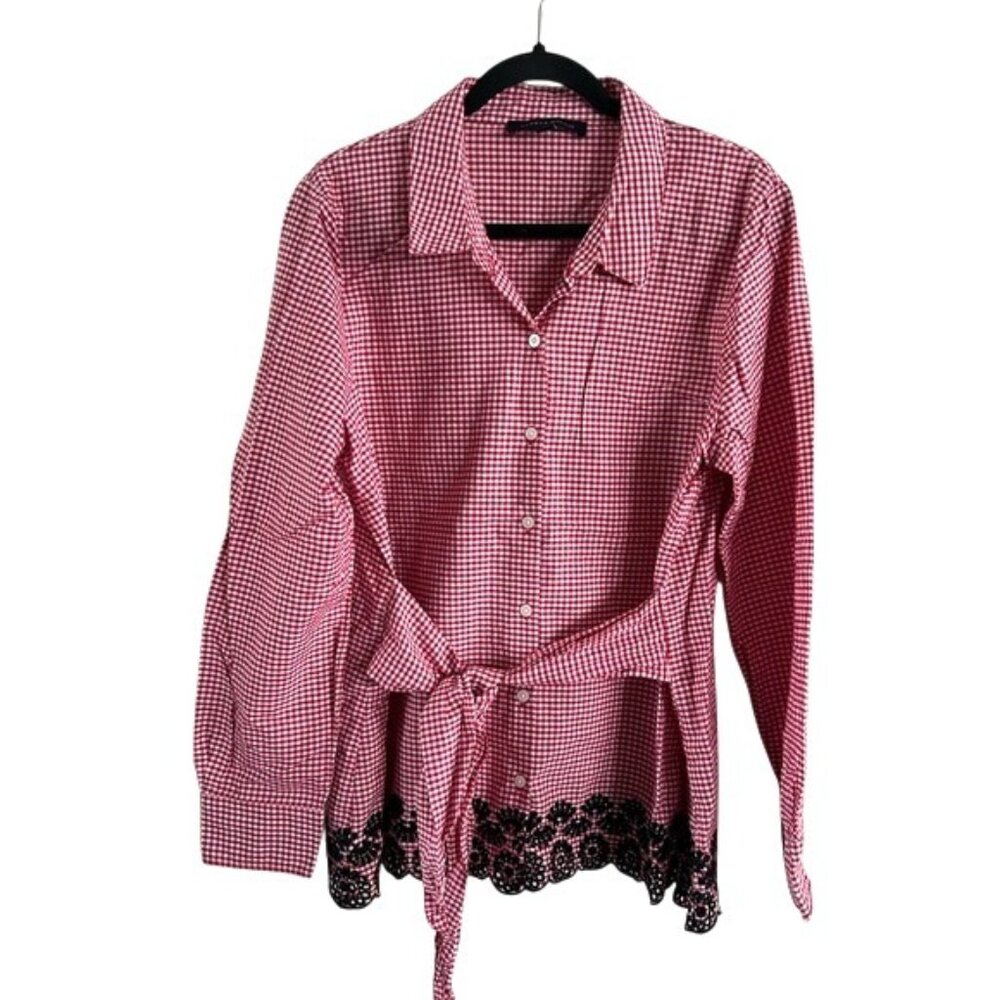 Tommy Hilfiger Red Gingham Navy Lace Collared Tie Waist Button Down Blouse XL